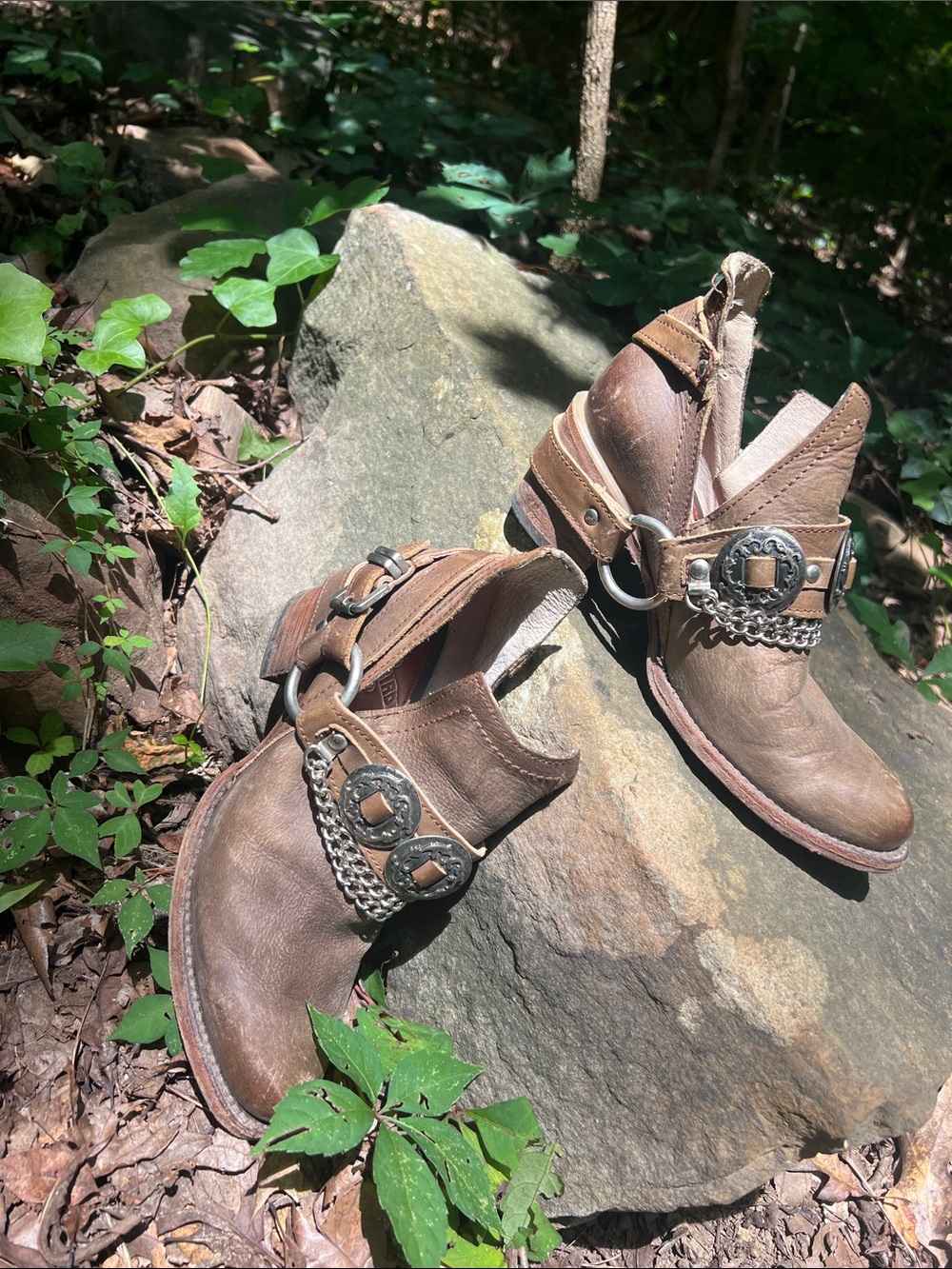 Freebird by Steven Mystic Leather Ankle Boots with Silver Chain Accents in Olive